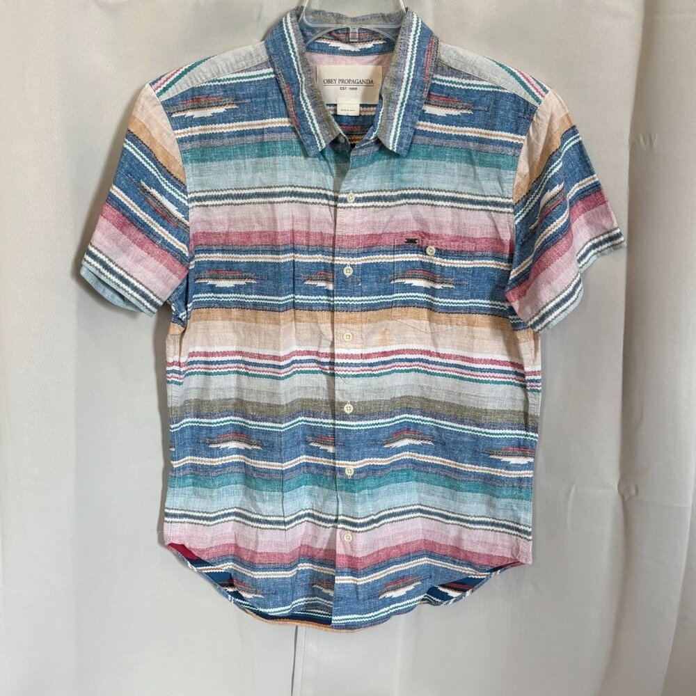 Obey‎ Propaganda Mens Shirt Large Aztec Western Button Up Y2K Short Sleeve 18581